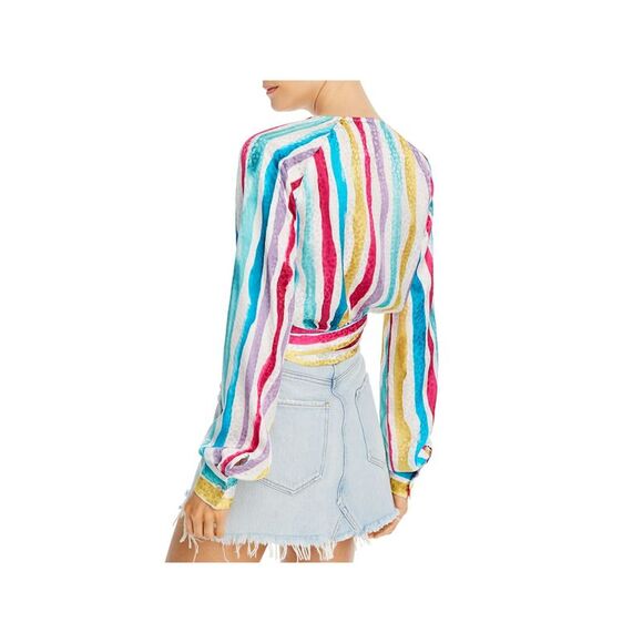 ART DEALER Womens White Tie Striped Long Sleeve Surplice Neckline Wrap Top M - Picture 2 of 2